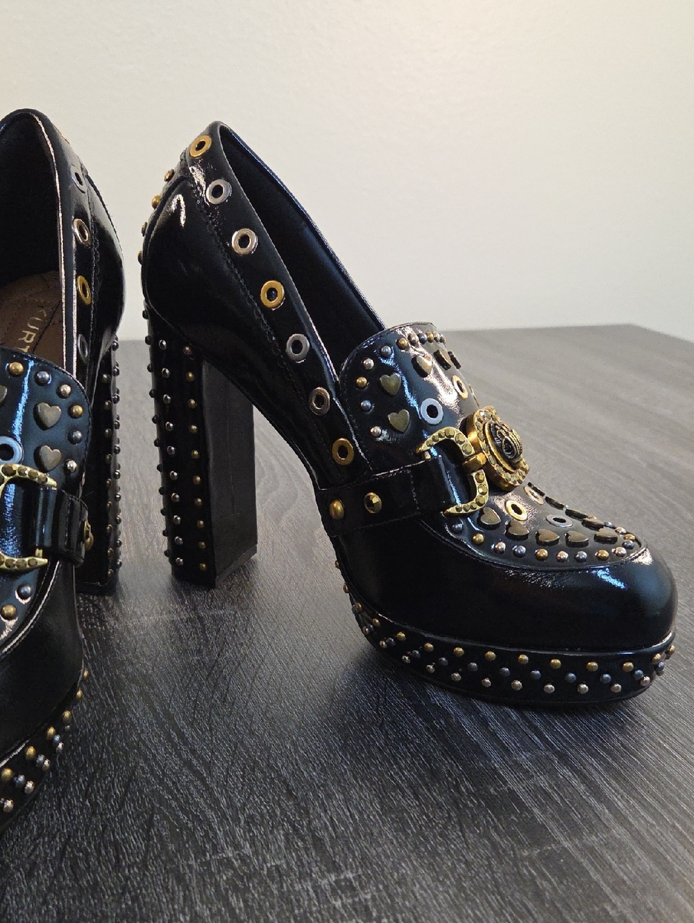 Kurt Geiger Black Patent Studded Platform Heels with Gold Hardware . SZ 10 /41